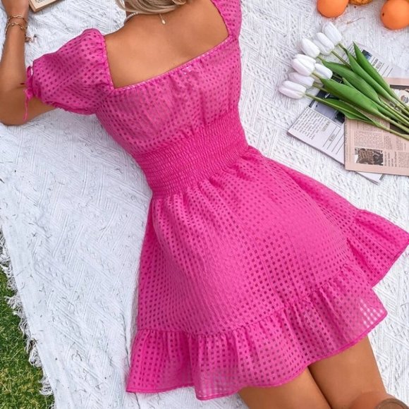 Ruched Bust Shirred Ruffle Hem Mini Dress Pink - Picture 4 of 6